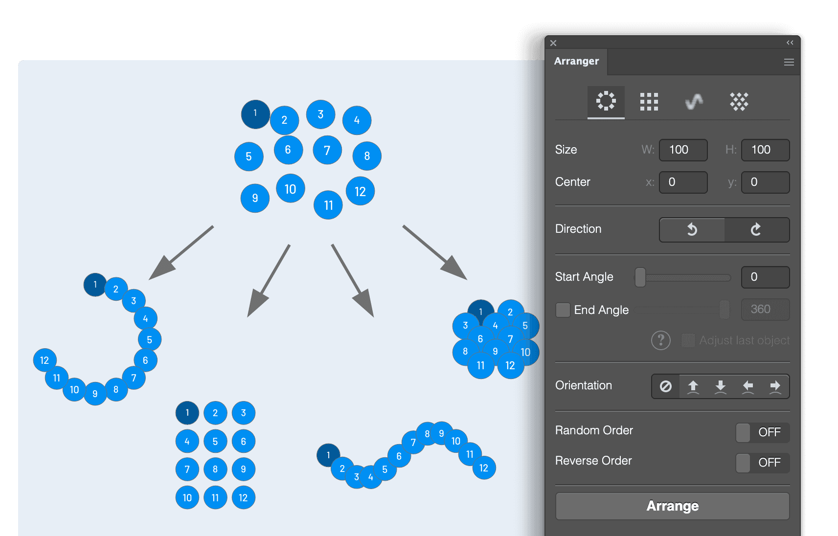 Arranger panel with examples of circular, grid and wave layouts
